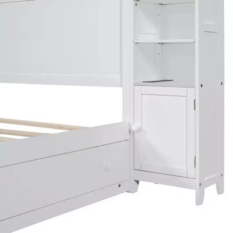 Lit plateforme Queen Size avec armoire tout-en-un et étagère de rangement, cadre de lit Queen en bois avec 4 tiroirs et prises