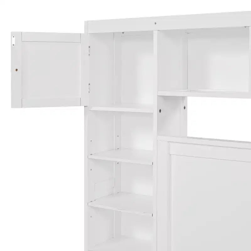 Lit plateforme Queen Size avec armoire tout-en-un et étagère de rangement, cadre de lit Queen en bois avec 4 tiroirs et prises