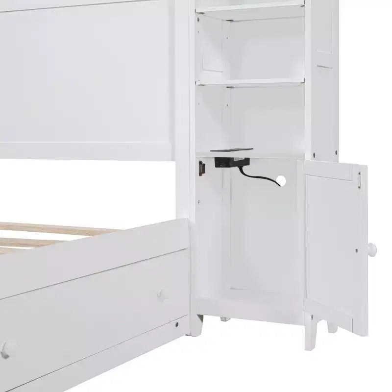 Lit plateforme Queen Size avec armoire tout-en-un et étagère de rangement, cadre de lit Queen en bois avec 4 tiroirs et prises