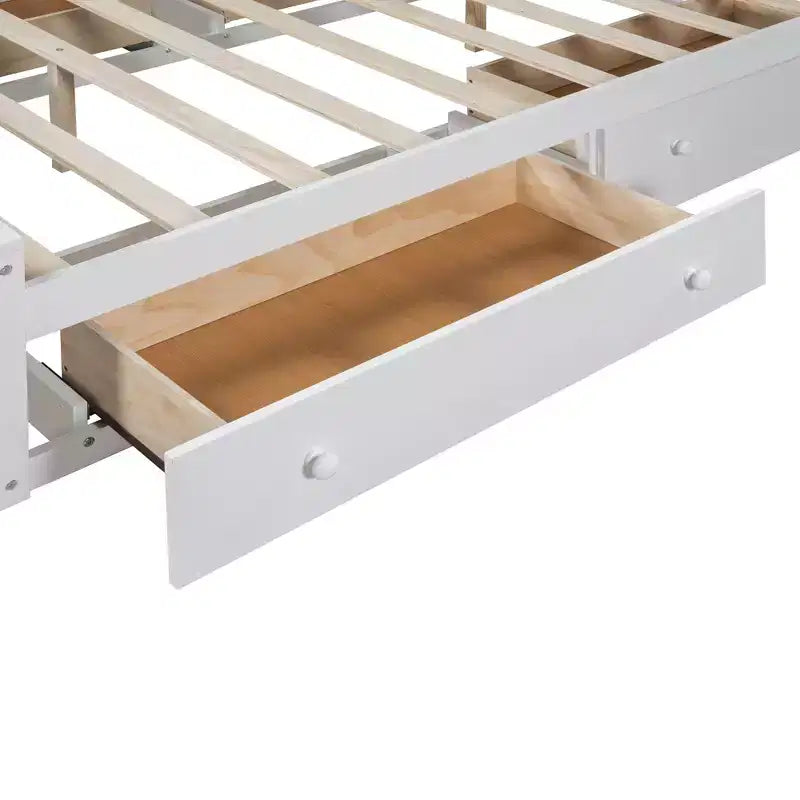 Lit plateforme Queen Size avec armoire tout-en-un et étagère de rangement, cadre de lit Queen en bois avec 4 tiroirs et prises