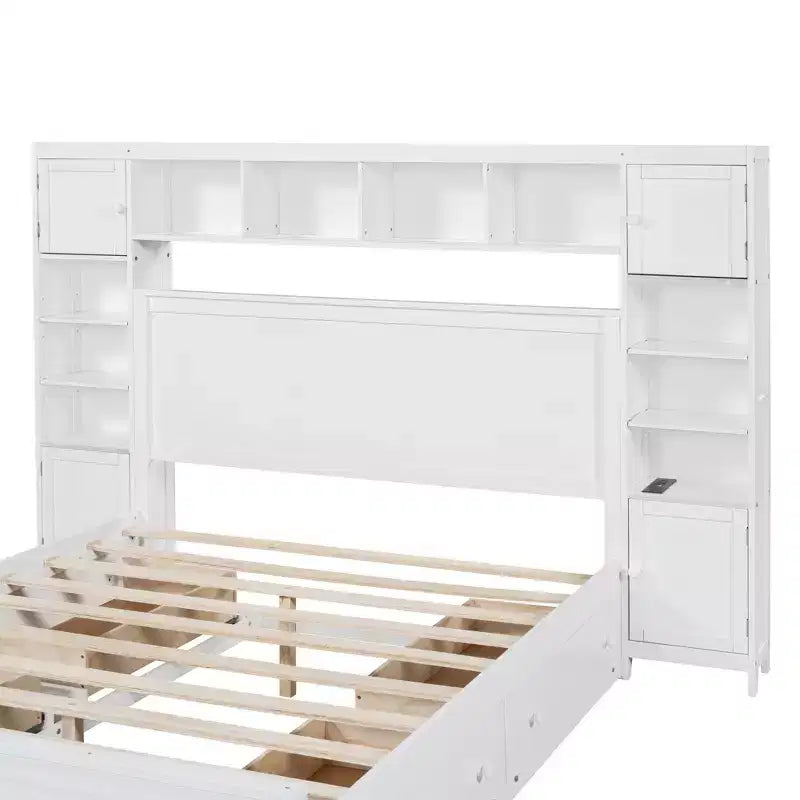 Lit plateforme Queen Size avec armoire tout-en-un et étagère de rangement, cadre de lit Queen en bois avec 4 tiroirs et prises