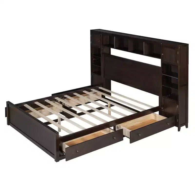 Lit plateforme Queen Size avec armoire tout-en-un et étagère de rangement, cadre de lit Queen en bois avec 4 tiroirs et prises