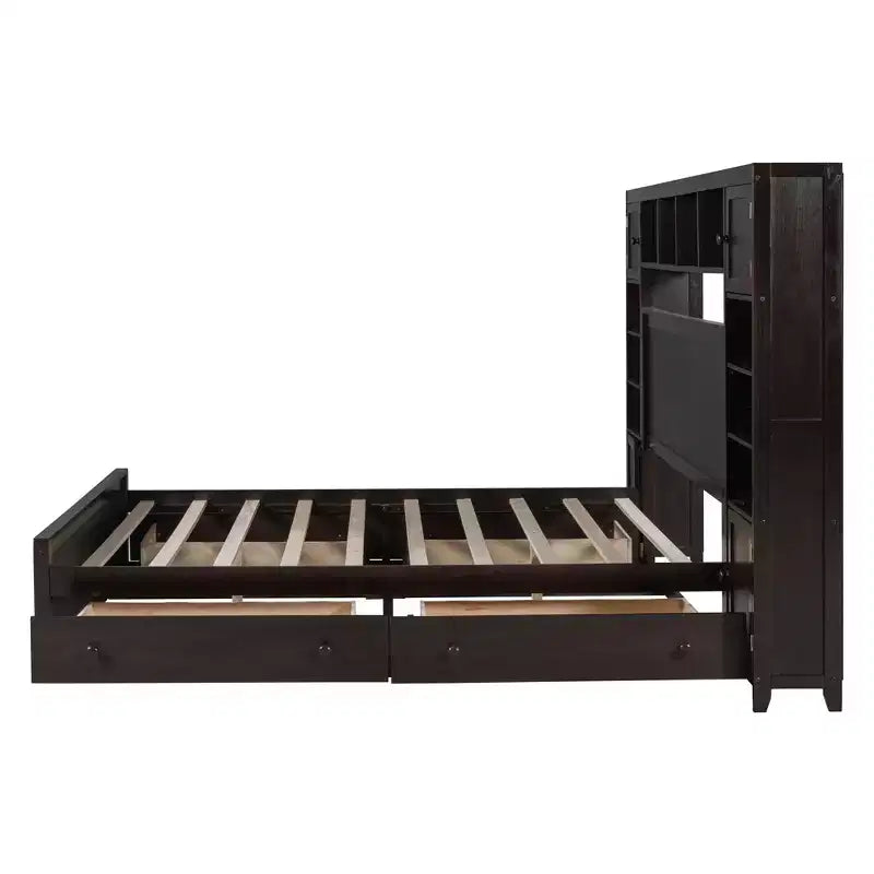 Lit plateforme Queen Size avec armoire tout-en-un et étagère de rangement, cadre de lit Queen en bois avec 4 tiroirs et prises
