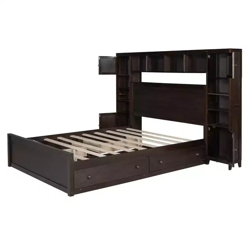 Lit plateforme Queen Size avec armoire tout-en-un et étagère de rangement, cadre de lit Queen en bois avec 4 tiroirs et prises
