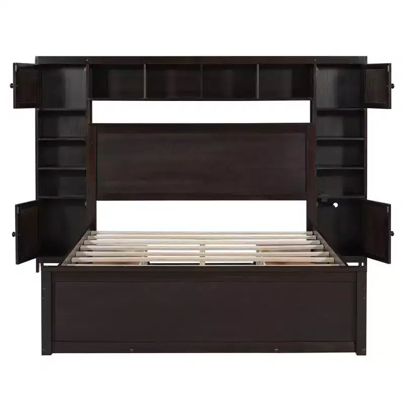 Lit plateforme Queen Size avec armoire tout-en-un et étagère de rangement, cadre de lit Queen en bois avec 4 tiroirs et prises