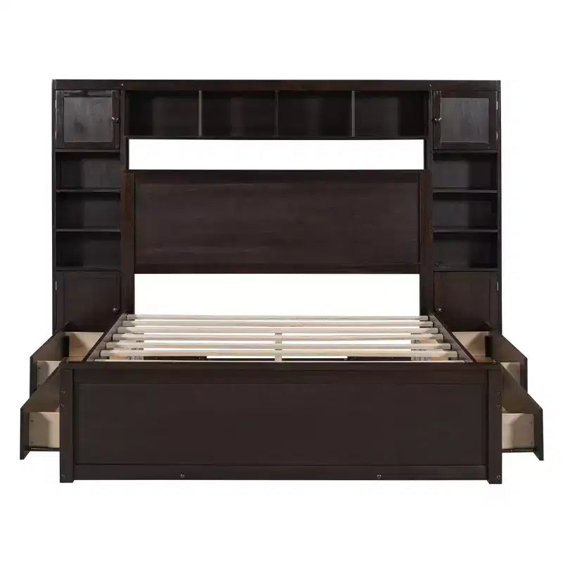 Lit plateforme Queen Size avec armoire tout-en-un et étagère de rangement, cadre de lit Queen en bois avec 4 tiroirs et prises