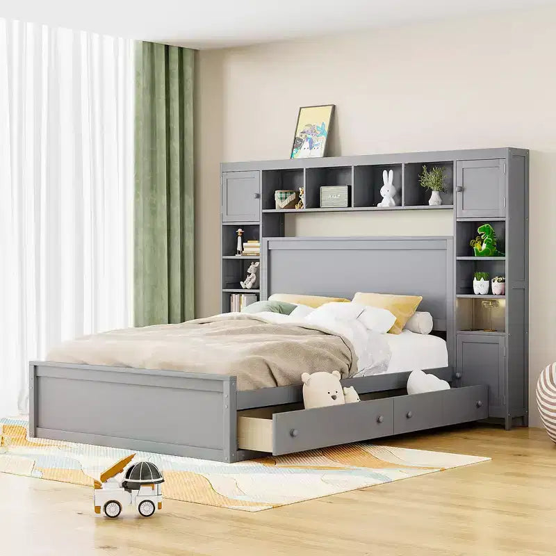 Lit plateforme Queen Size avec armoire tout-en-un et étagère de rangement, cadre de lit Queen en bois avec 4 tiroirs et prises