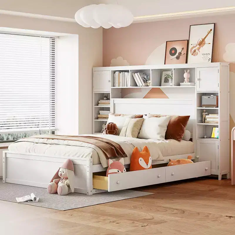 Lit plateforme Queen Size avec armoire tout-en-un et étagère de rangement, cadre de lit Queen en bois avec 4 tiroirs et prises