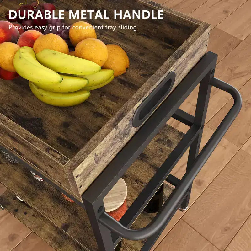 Desserte de bar roulante rustique à 3 niveaux avec plateau amovible et roues verrouillables
