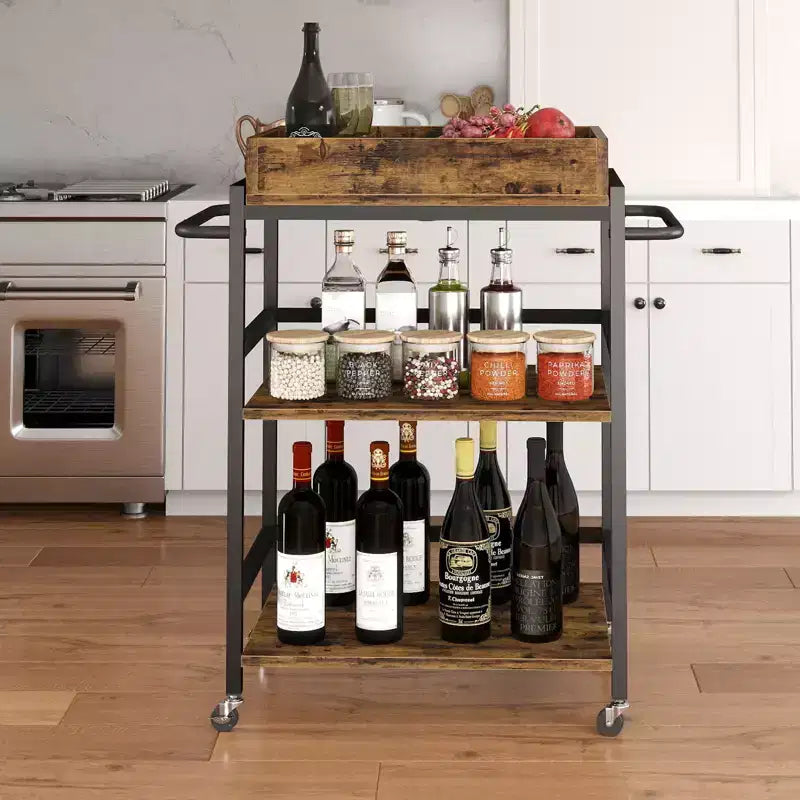 Desserte de bar roulante rustique à 3 niveaux avec plateau amovible et roues verrouillables