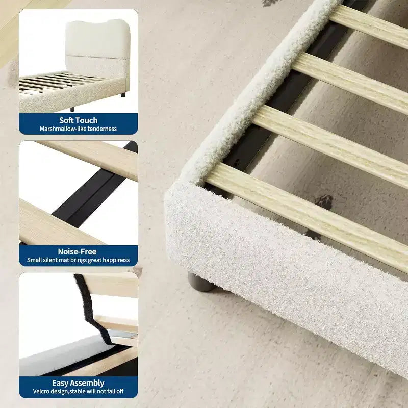 Cadre de lit en tissu avec tête de lit rembourrée, doux et robuste, coins arrondis, durable, lattes en bois, silencieux, pas besoin de sommier tapissier