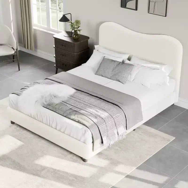 Cadre de lit en tissu avec tête de lit rembourrée, doux et robuste, coins arrondis, durable, lattes en bois, silencieux, pas besoin de sommier tapissier