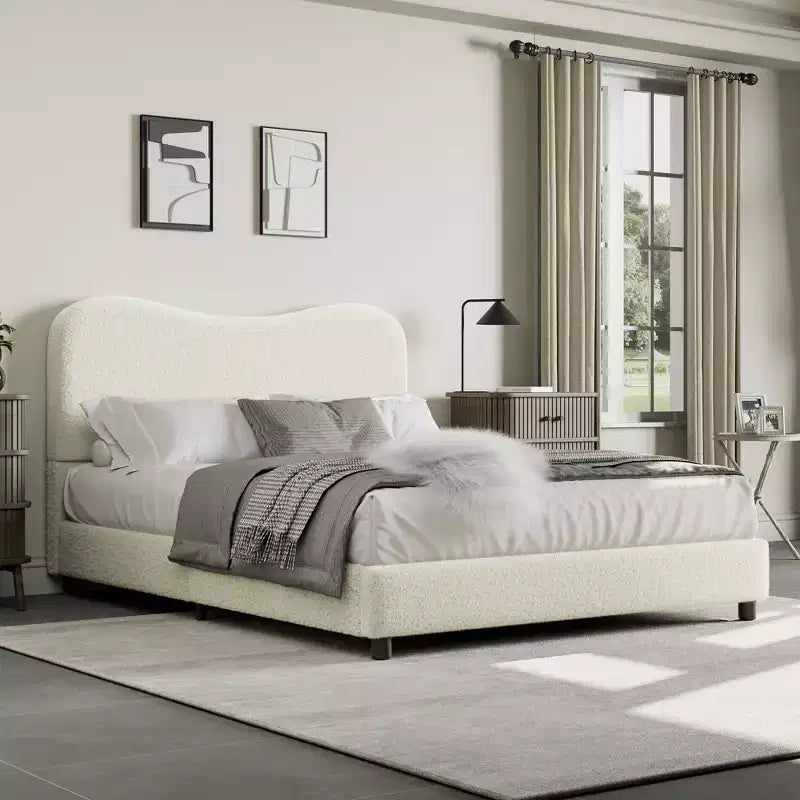 Cadre de lit en tissu avec tête de lit rembourrée, doux et robuste, coins arrondis, durable, lattes en bois, silencieux, pas besoin de sommier tapissier