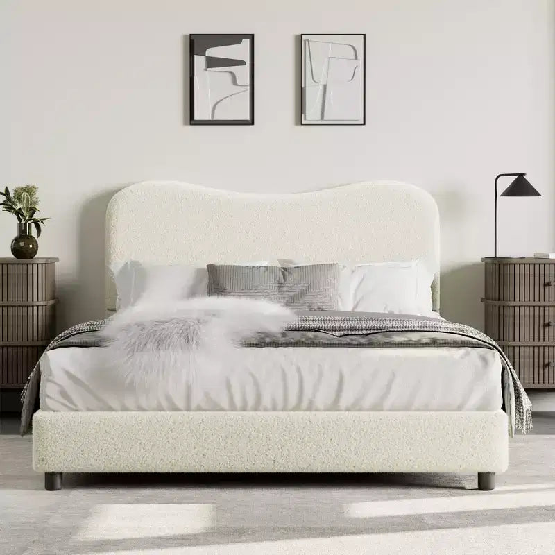 Cadre de lit en tissu avec tête de lit rembourrée, doux et robuste, coins arrondis, durable, lattes en bois, silencieux, pas besoin de sommier tapissier