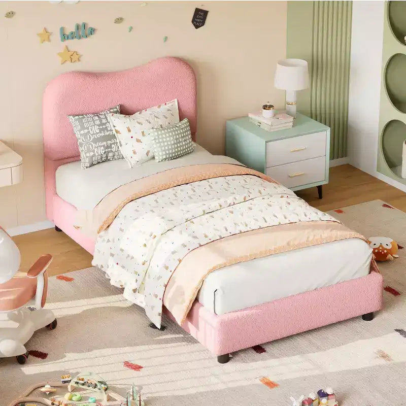 Cadre de lit en tissu avec tête de lit rembourrée, doux et robuste, coins arrondis, durable, lattes en bois, silencieux, pas besoin de sommier tapissier