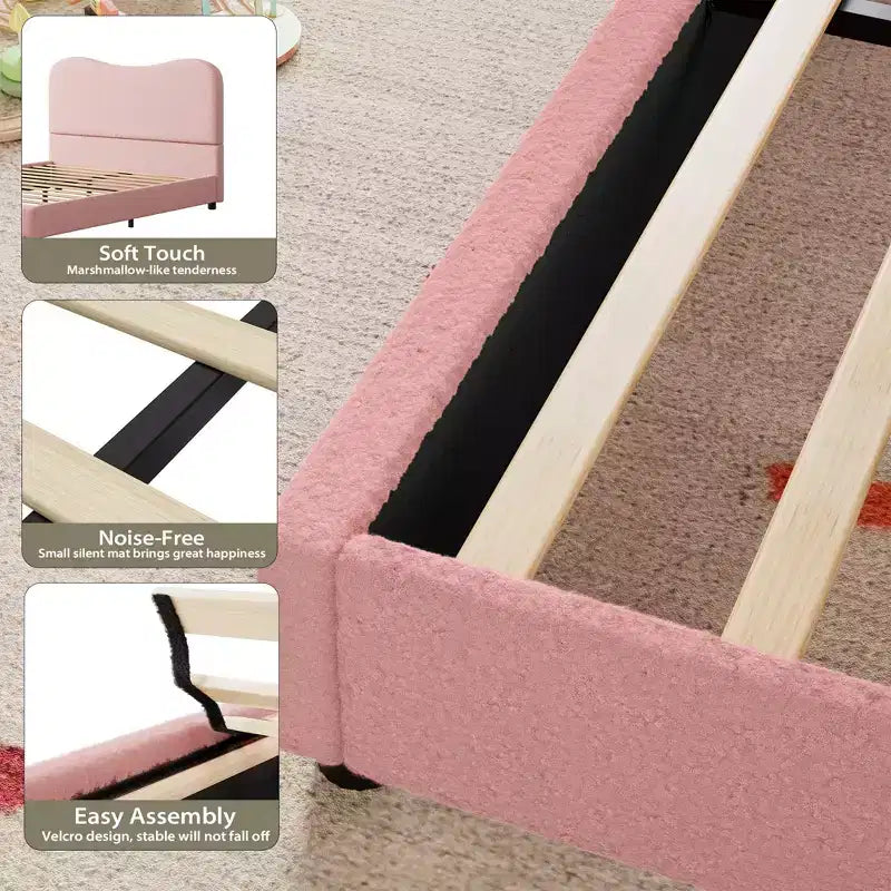 Cadre de lit en tissu avec tête de lit rembourrée, doux et robuste, coins arrondis, durable, lattes en bois, silencieux, pas besoin de sommier tapissier