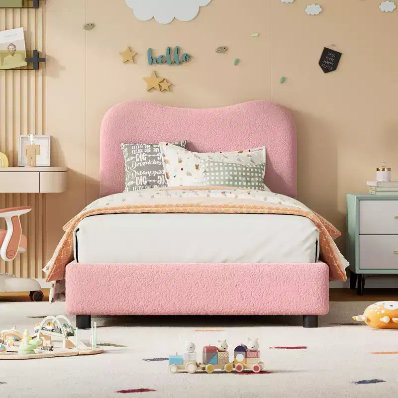 Cadre de lit en tissu avec tête de lit rembourrée, doux et robuste, coins arrondis, durable, lattes en bois, silencieux, pas besoin de sommier tapissier