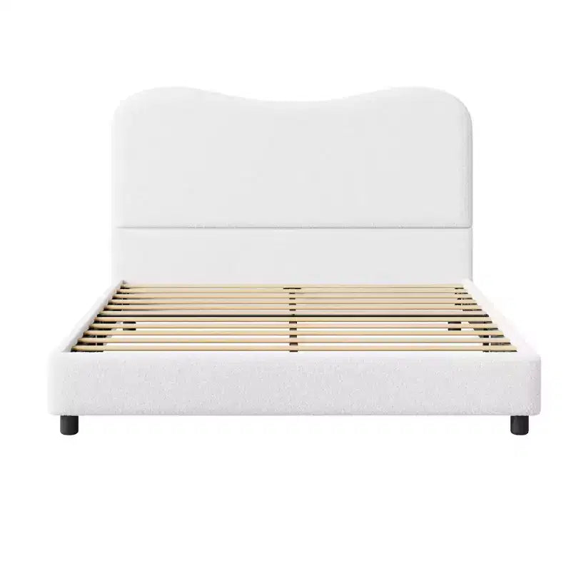 Cadre de lit en tissu avec tête de lit rembourrée, doux et robuste, coins arrondis, durable, lattes en bois, silencieux, pas besoin de sommier tapissier