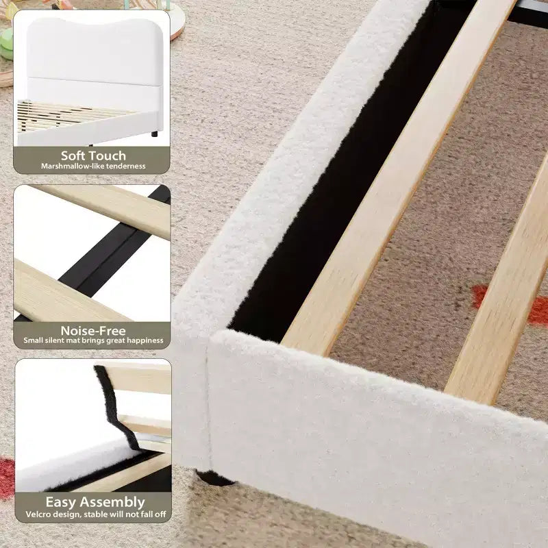 Cadre de lit en tissu avec tête de lit rembourrée, doux et robuste, coins arrondis, durable, lattes en bois, silencieux, pas besoin de sommier tapissier