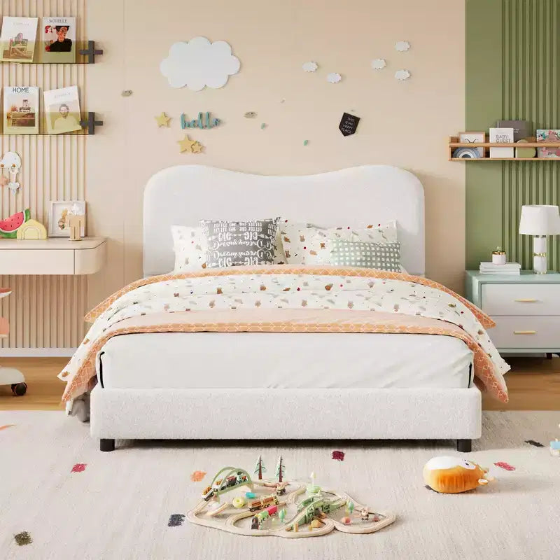 Cadre de lit en tissu avec tête de lit rembourrée, doux et robuste, coins arrondis, durable, lattes en bois, silencieux, pas besoin de sommier tapissier