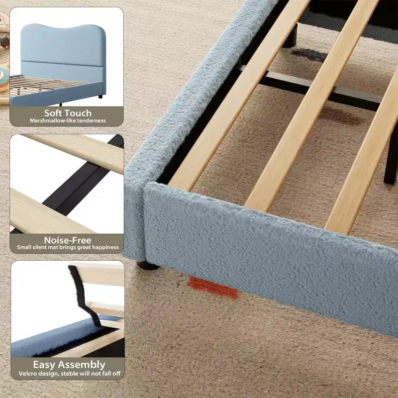 Cadre de lit en tissu avec tête de lit rembourrée, doux et robuste, coins arrondis, durable, lattes en bois, silencieux, pas besoin de sommier tapissier