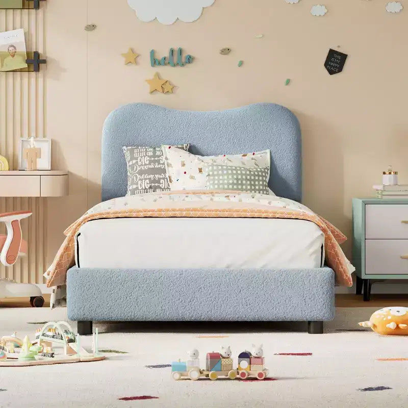 Cadre de lit en tissu avec tête de lit rembourrée, doux et robuste, coins arrondis, durable, lattes en bois, silencieux, pas besoin de sommier tapissier
