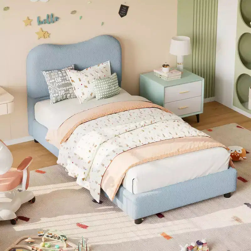 Cadre de lit en tissu avec tête de lit rembourrée, doux et robuste, coins arrondis, durable, lattes en bois, silencieux, pas besoin de sommier tapissier