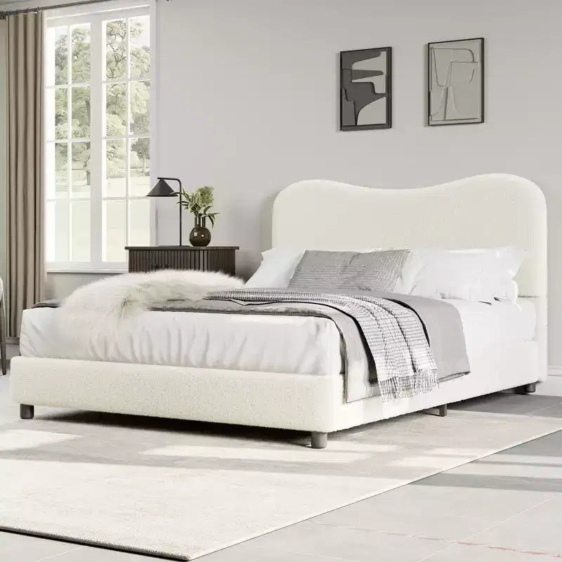 Cadre de lit en tissu avec tête de lit rembourrée, doux et robuste, coins arrondis, durable, lattes en bois, silencieux, pas besoin de sommier tapissier