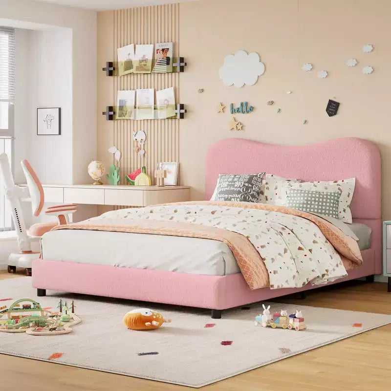 Cadre de lit en tissu avec tête de lit rembourrée, doux et robuste, coins arrondis, durable, lattes en bois, silencieux, pas besoin de sommier tapissier