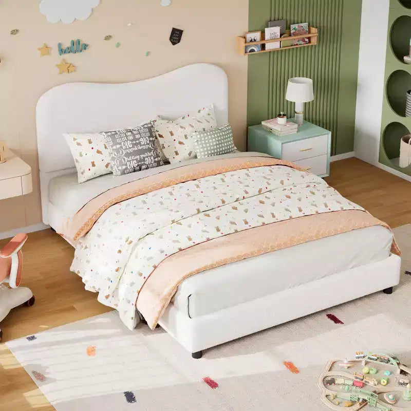 Cadre de lit en tissu avec tête de lit rembourrée, doux et robuste, coins arrondis, durable, lattes en bois, silencieux, pas besoin de sommier tapissier