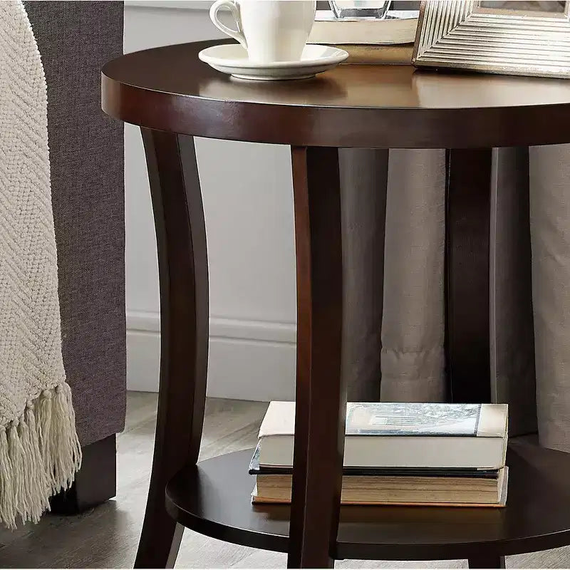 Table d'appoint ronde élégante avec pieds arqués, étagère de rangement et plateau épais, pour salon, chambre à coucher