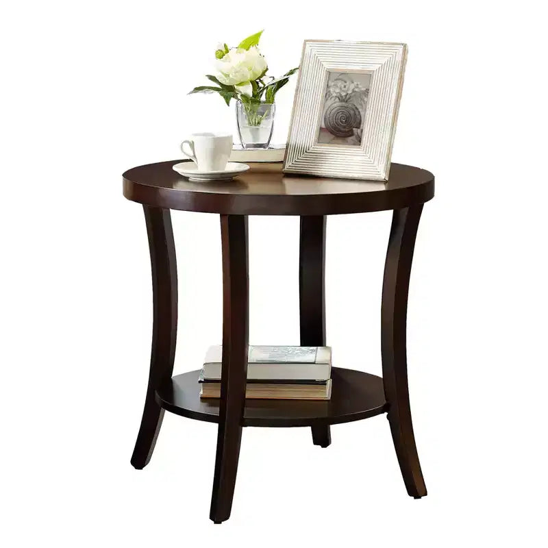 Table d'appoint ronde élégante avec pieds arqués, étagère de rangement et plateau épais, pour salon, chambre à coucher