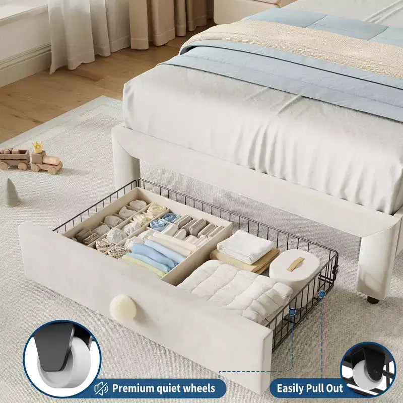 Cadre de lit pour enfant, matelas pour tout-petit avec tête de lit et tiroirs de rangement, composé de lattes en bois robustes, facile à assembler, aucun matelas à ressorts requis.