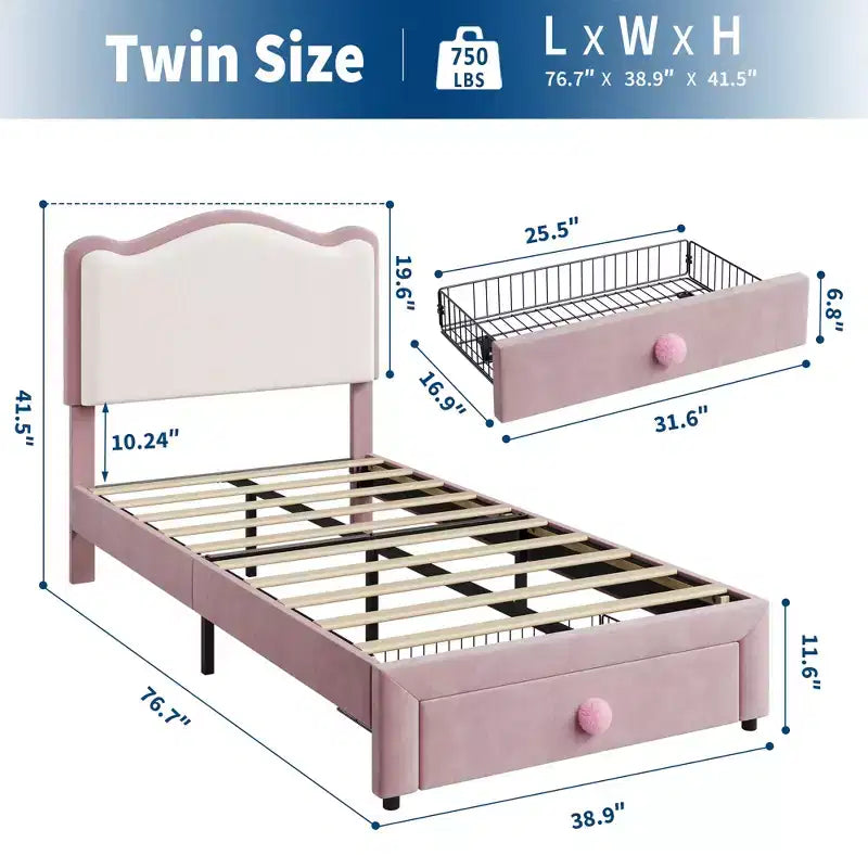 Cadre de lit pour enfant, matelas pour tout-petit avec tête de lit et tiroirs de rangement, composé de lattes en bois robustes, facile à assembler, aucun matelas à ressorts requis.