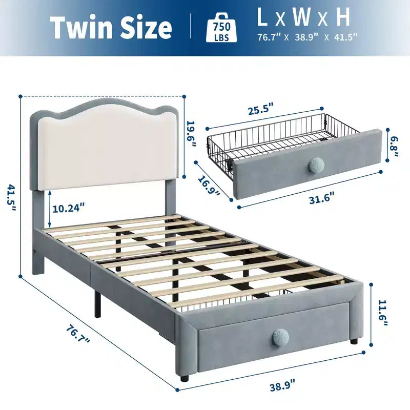Cadre de lit pour enfant, matelas pour tout-petit avec tête de lit et tiroirs de rangement, composé de lattes en bois robustes, facile à assembler, aucun matelas à ressorts requis.
