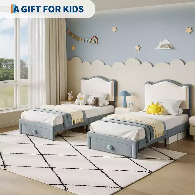 Cadre de lit pour enfant, matelas pour tout-petit avec tête de lit et tiroirs de rangement, composé de lattes en bois robustes, facile à assembler, aucun matelas à ressorts requis.