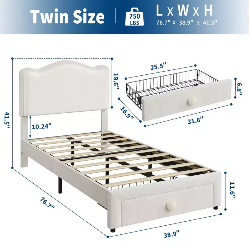 Cadre de lit pour enfant, matelas pour tout-petit avec tête de lit et tiroirs de rangement, composé de lattes en bois robustes, facile à assembler, aucun matelas à ressorts requis.