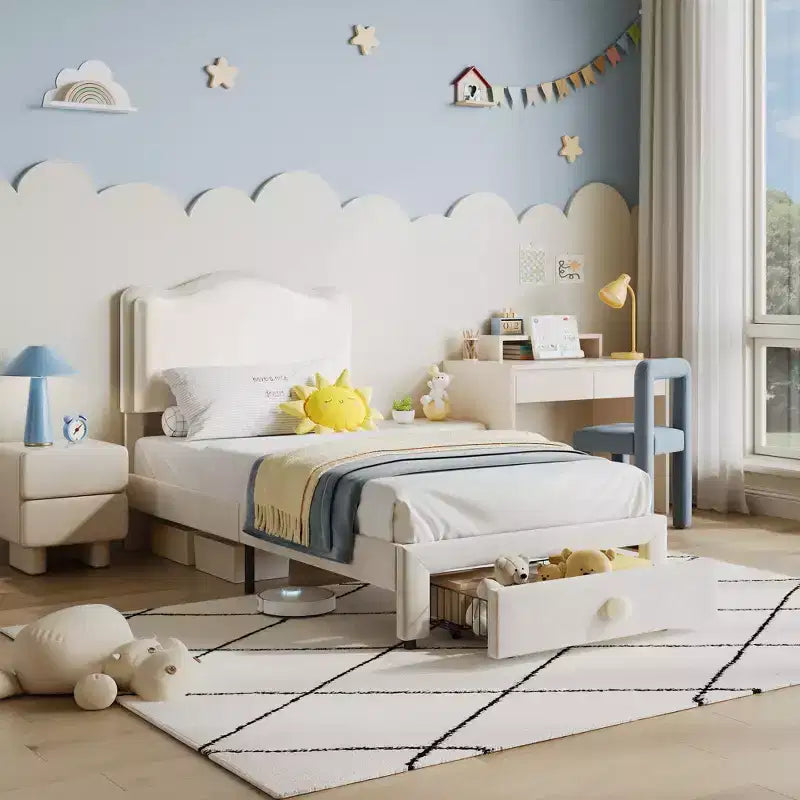 Cadre de lit pour enfant, matelas pour tout-petit avec tête de lit et tiroirs de rangement, composé de lattes en bois robustes, facile à assembler, aucun matelas à ressorts requis.