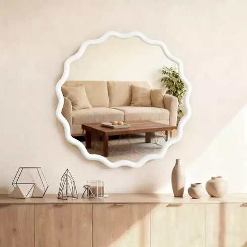 Miroir mural rond blanc ondulé de 30 pouces avec cadre en bois massif pour coiffeuse de salle de bain, miroir décoratif en bois de ferme pour la maison