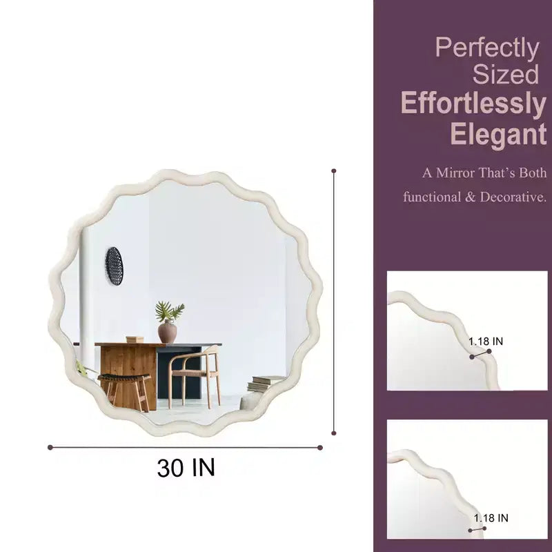 Miroir mural rond blanc ondulé de 30 pouces avec cadre en bois massif pour coiffeuse de salle de bain, miroir décoratif en bois de ferme pour la maison