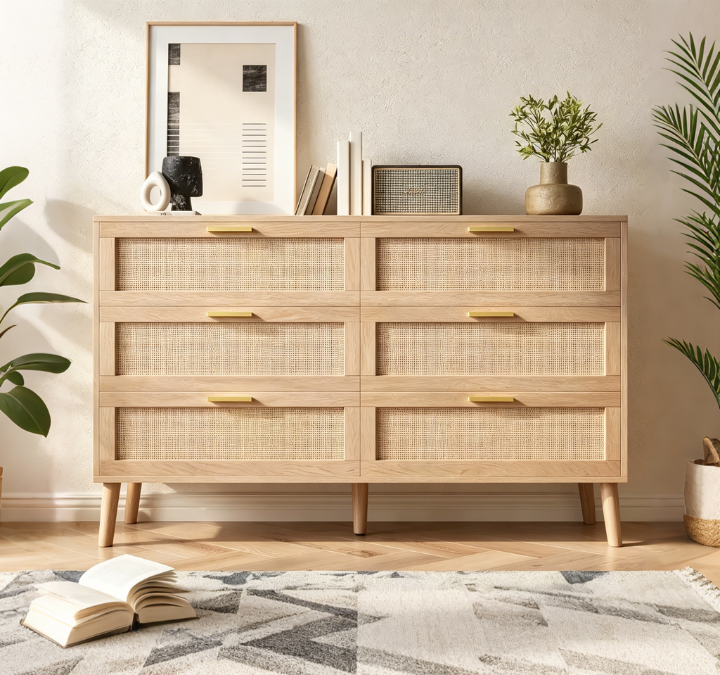 47 Commode en rotin à 6 tiroirs - Meuble de rangement moderne du milieu du siècle pour chambre et salon