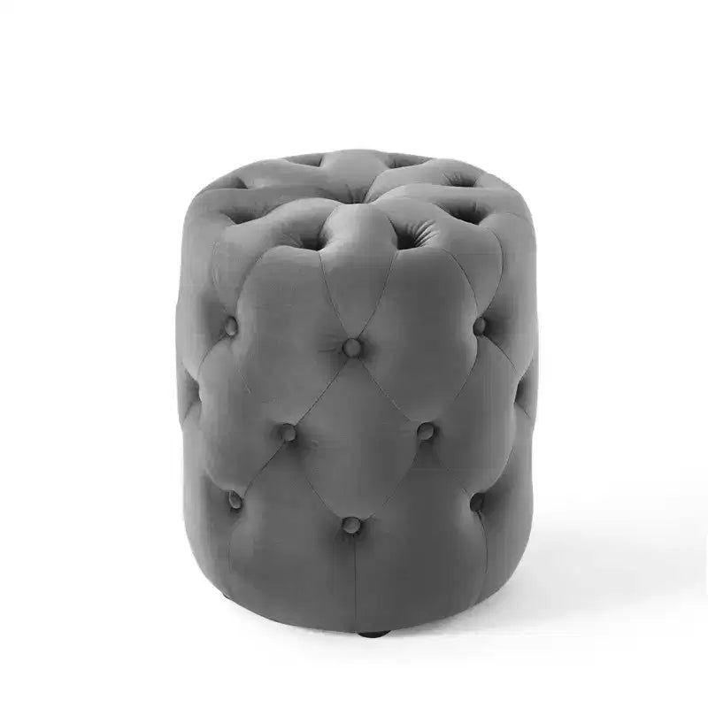 Pouf rond capitonné en velours performance