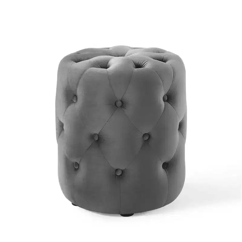 Pouf rond capitonné en velours performance