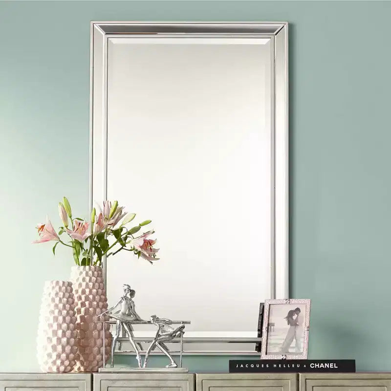 Miroir mural rectangulaire, accent décoratif, cadre biseauté argenté moderne, 63,5 cm de large, pour salle de bain, chambre, salon, bureau, entrée