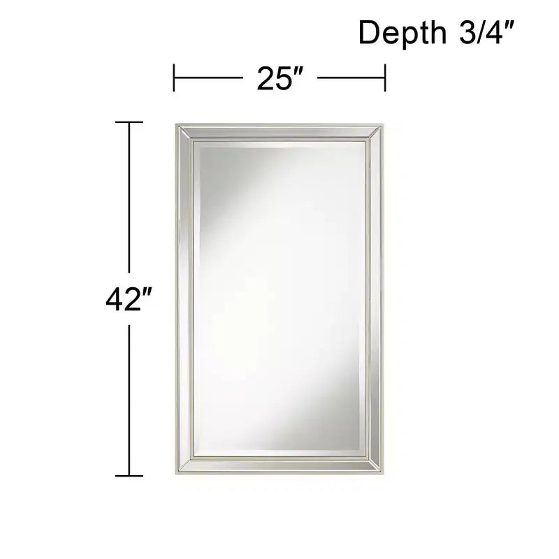 Miroir mural rectangulaire, accent décoratif, cadre biseauté argenté moderne, 63,5 cm de large, pour salle de bain, chambre, salon, bureau, entrée