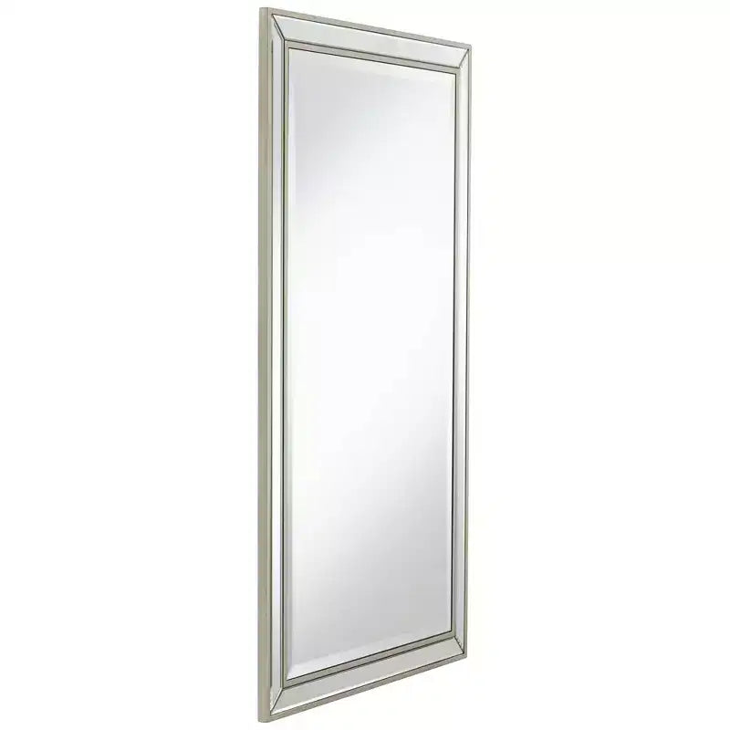 Miroir mural rectangulaire, accent décoratif, cadre biseauté argenté moderne, 63,5 cm de large, pour salle de bain, chambre, salon, bureau, entrée