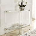 Console rectangulaire moderne en acrylique 122x41 cm avec étagère, pieds fins transparents pour salon, chambre, entrée