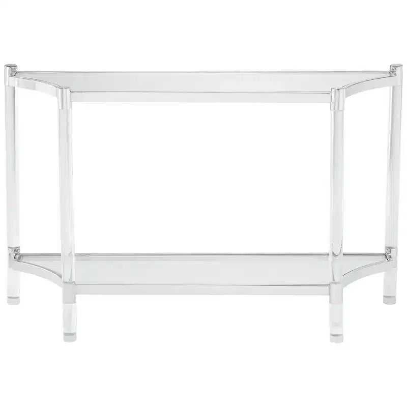 Console rectangulaire moderne en acrylique 122x41 cm avec étagère, pieds fins transparents pour salon, chambre, entrée