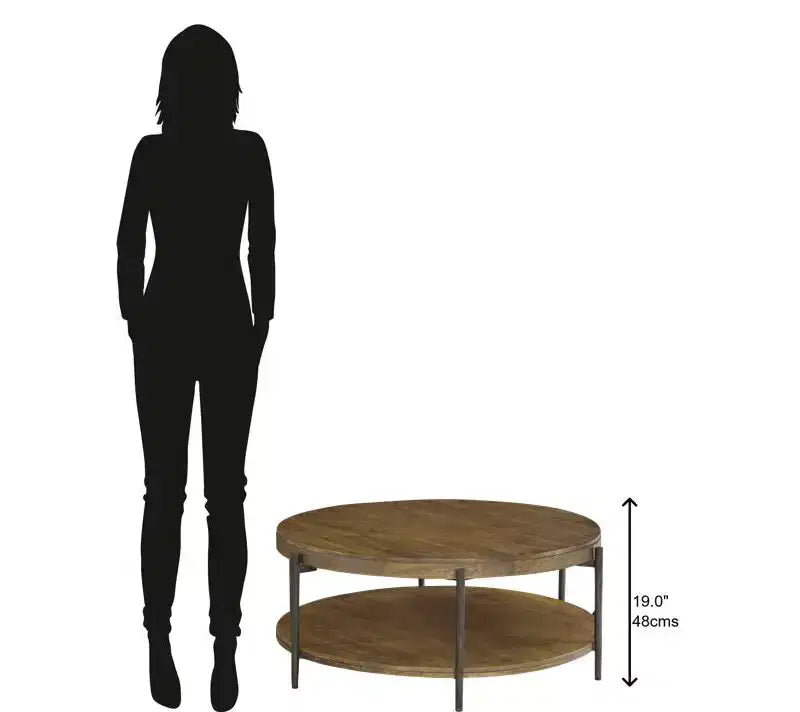 Table Basse Ronde avec Plateau en Bois de Mangue et Piétement en Fer Forgé