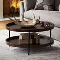 Table basse ronde industrielle moderne de 91 cm de large avec étagère inférieure, marron foncé, pour salon, chambre, chevet